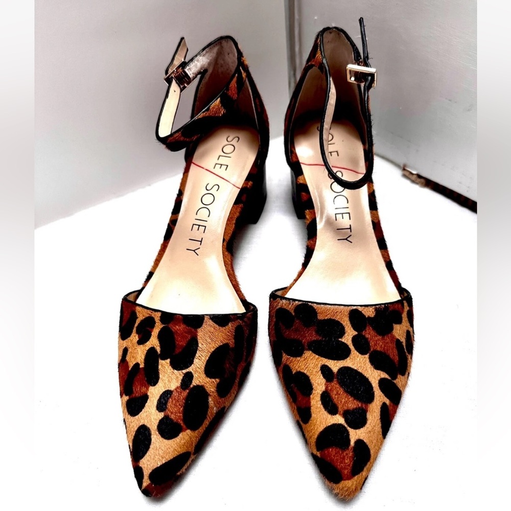 Sole Society Katarina Leopard Calf Hair Ankle Strap Pointy Toe Heel Shoe 7.5 - Picture 2 of 7